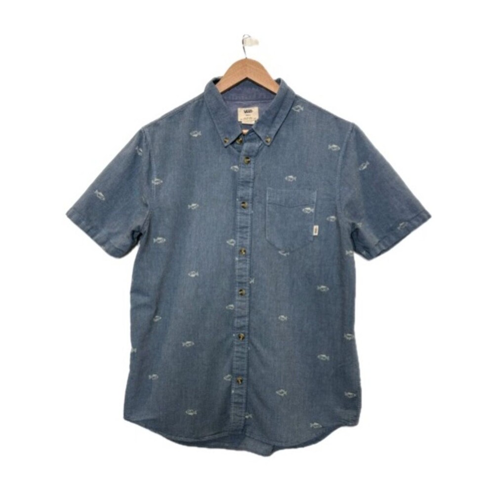 Vans Fish Print Short Sleeve Button Down Shirt Mens Size Small Classic Fit Blue